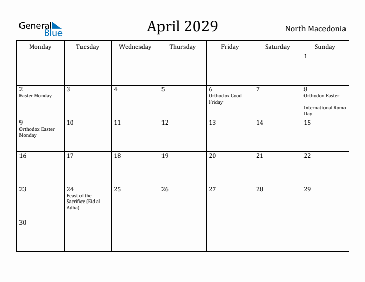 April 2029 Calendar North Macedonia