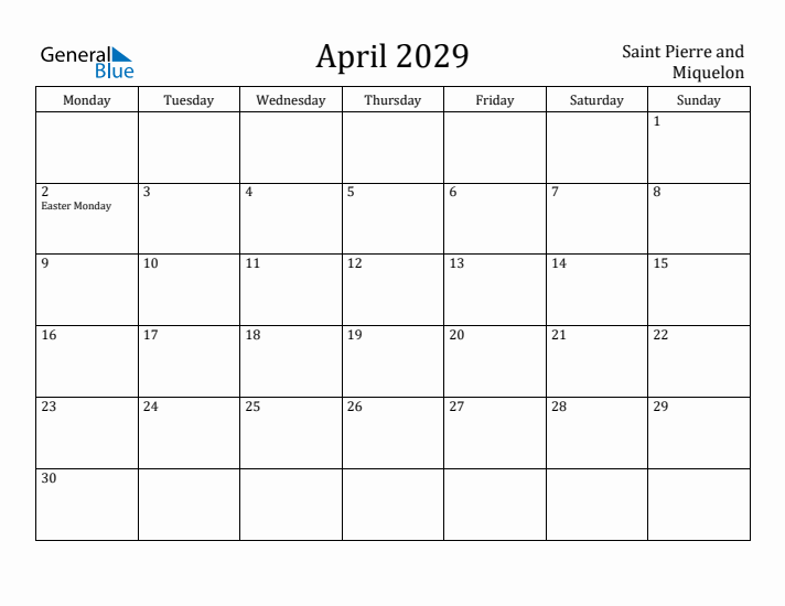 April 2029 Calendar Saint Pierre and Miquelon