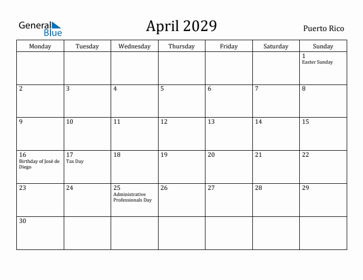 April 2029 Calendar Puerto Rico