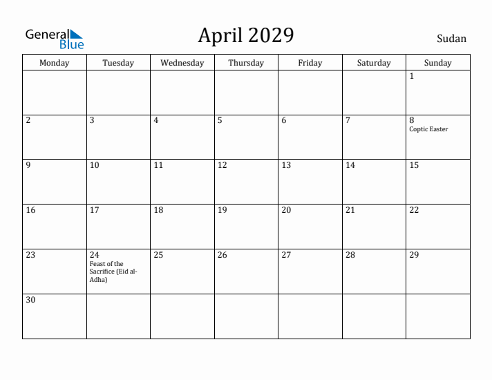 April 2029 Calendar Sudan