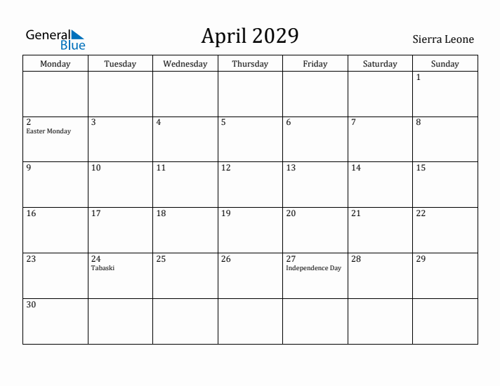 April 2029 Calendar Sierra Leone