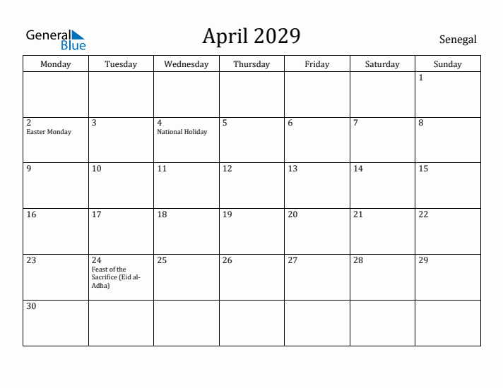 April 2029 Calendar Senegal