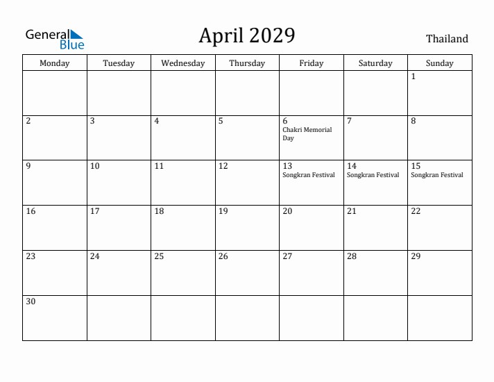 April 2029 Calendar Thailand