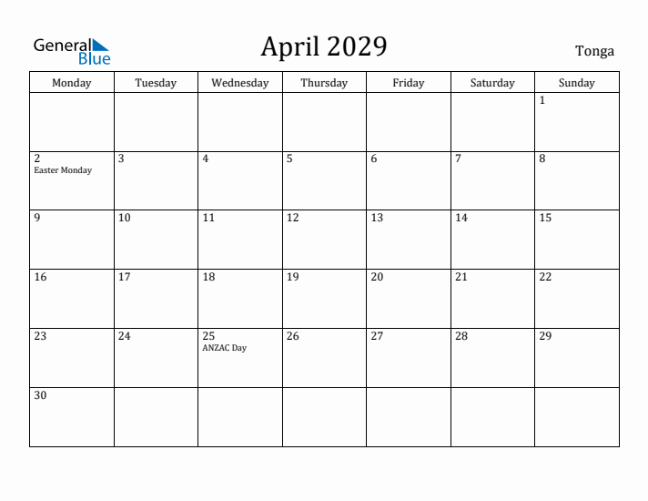 April 2029 Calendar Tonga