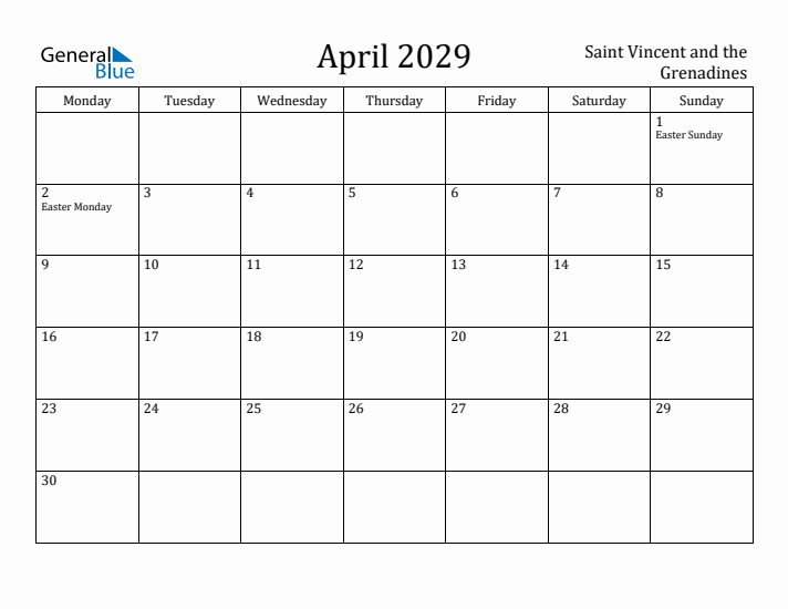 April 2029 Calendar Saint Vincent and the Grenadines
