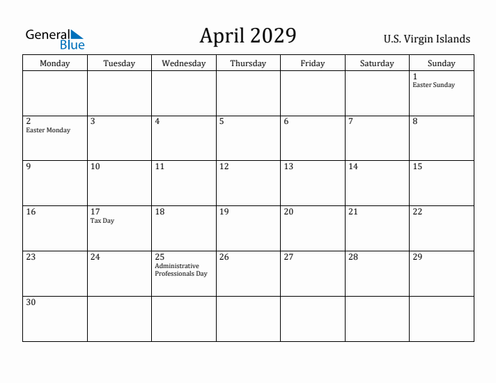 April 2029 Calendar U.S. Virgin Islands