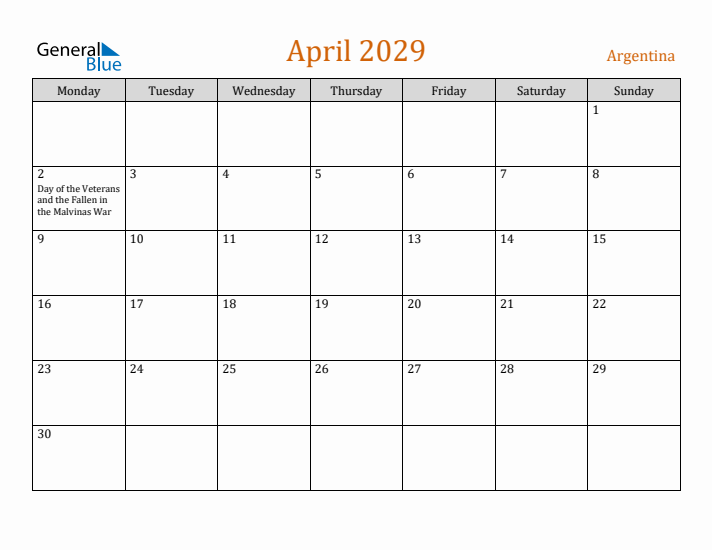 April 2029 Holiday Calendar with Monday Start