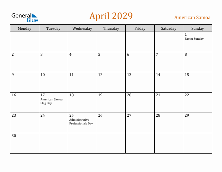 April 2029 Holiday Calendar with Monday Start