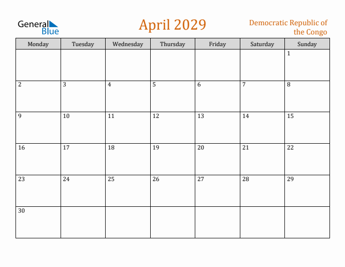 April 2029 Holiday Calendar with Monday Start