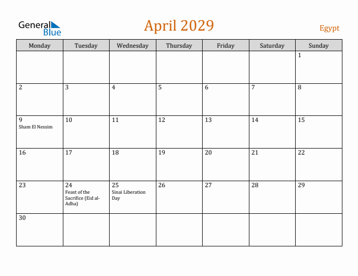 April 2029 Holiday Calendar with Monday Start