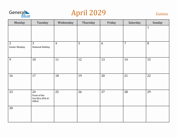 April 2029 Holiday Calendar with Monday Start