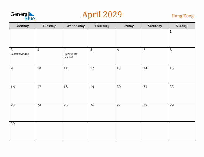 April 2029 Holiday Calendar with Monday Start
