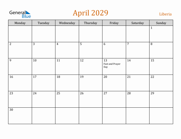 April 2029 Holiday Calendar with Monday Start