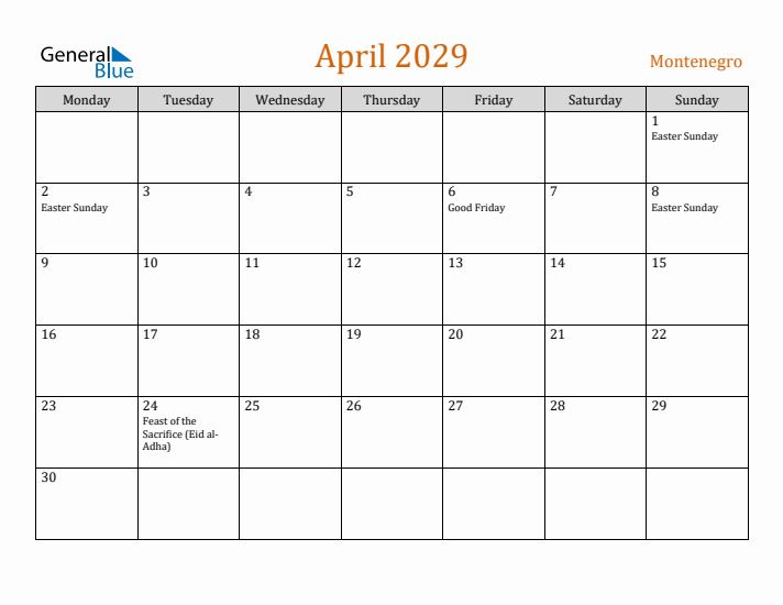 April 2029 Holiday Calendar with Monday Start