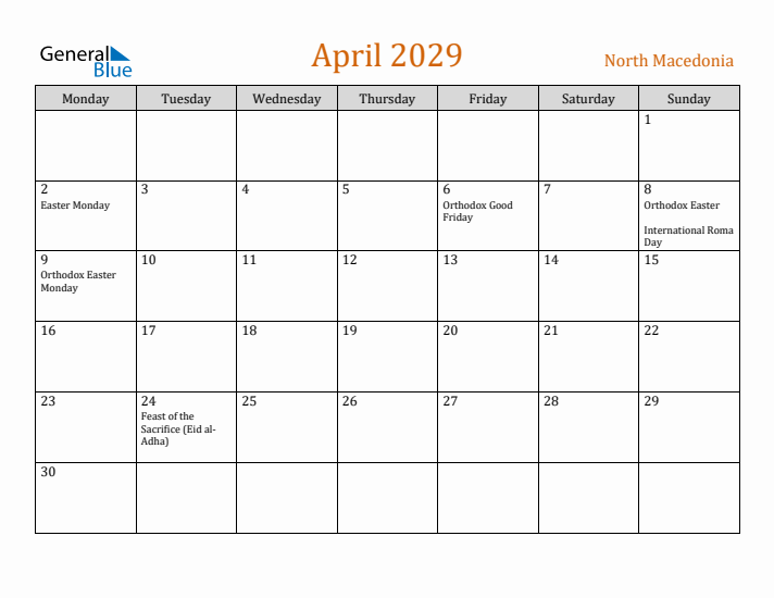 April 2029 Holiday Calendar with Monday Start