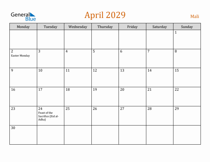 April 2029 Holiday Calendar with Monday Start