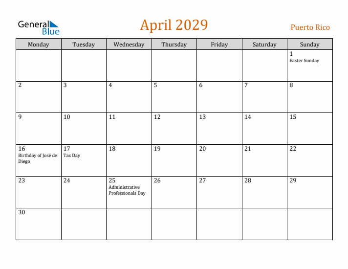 April 2029 Holiday Calendar with Monday Start