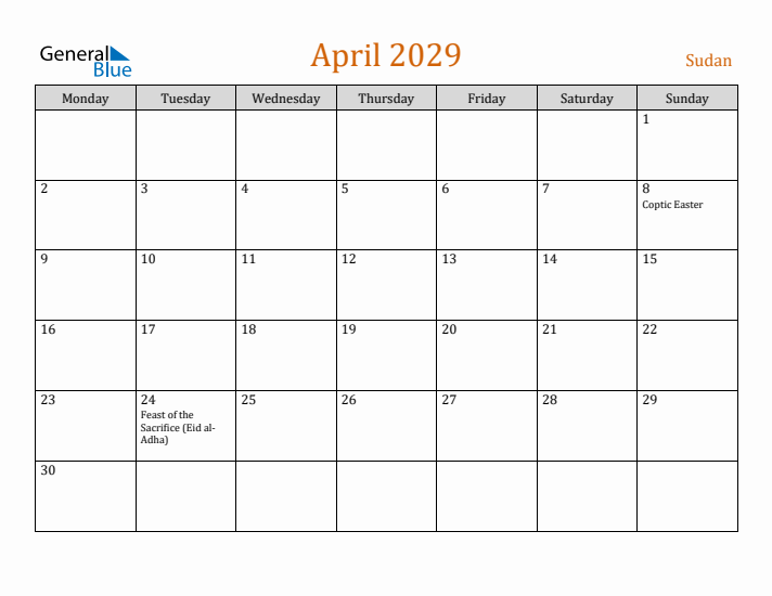 April 2029 Holiday Calendar with Monday Start