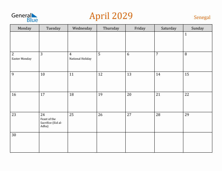 April 2029 Holiday Calendar with Monday Start