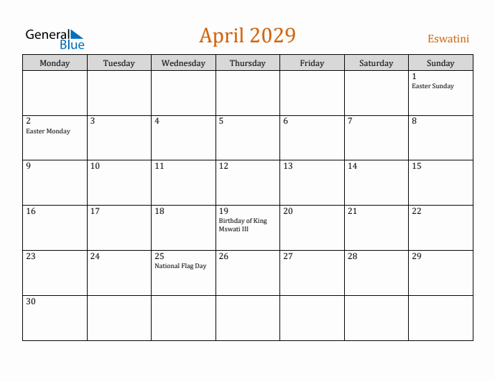 April 2029 Holiday Calendar with Monday Start