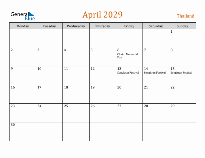 April 2029 Holiday Calendar with Monday Start