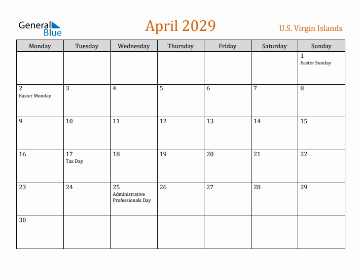 April 2029 Holiday Calendar with Monday Start