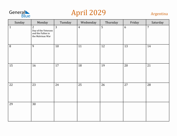 April 2029 Holiday Calendar with Sunday Start