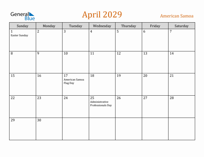 April 2029 Holiday Calendar with Sunday Start