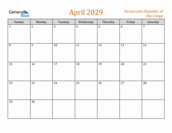 April 2029 Holiday Calendar with Sunday Start