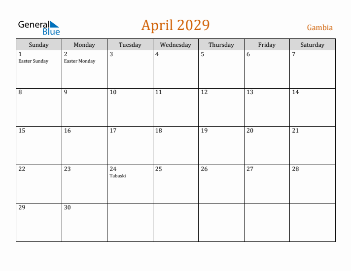 April 2029 Holiday Calendar with Sunday Start