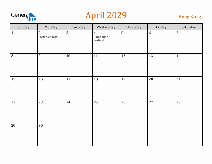 April 2029 Holiday Calendar with Sunday Start