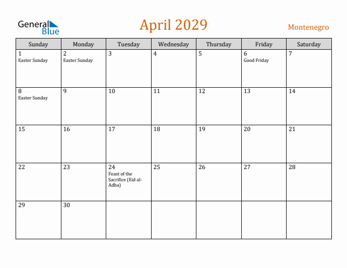 April 2029 Holiday Calendar with Sunday Start