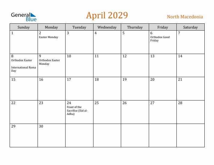 April 2029 Holiday Calendar with Sunday Start