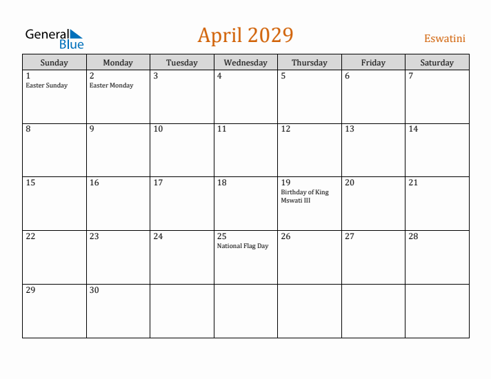 April 2029 Holiday Calendar with Sunday Start