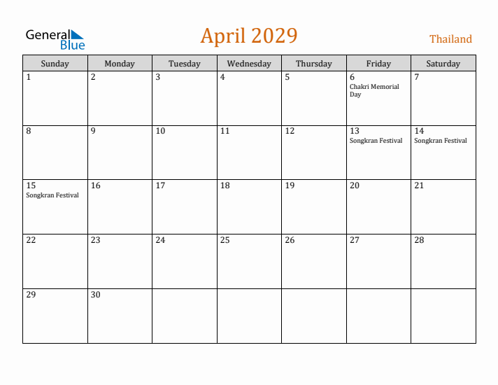 April 2029 Holiday Calendar with Sunday Start