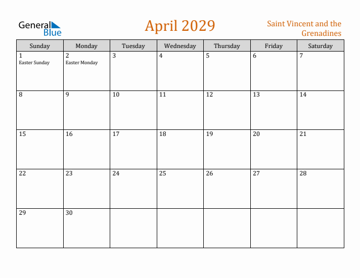 April 2029 Holiday Calendar with Sunday Start