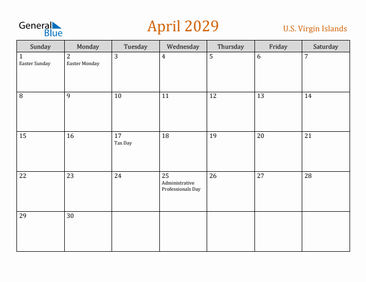 April 2029 Holiday Calendar with Sunday Start