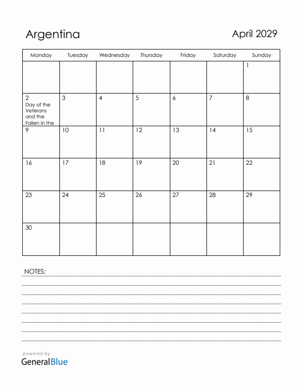 April 2029 Argentina Calendar with Holidays (Monday Start)