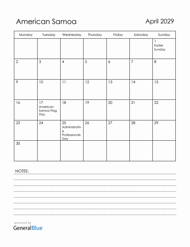 April 2029 American Samoa Calendar with Holidays (Monday Start)