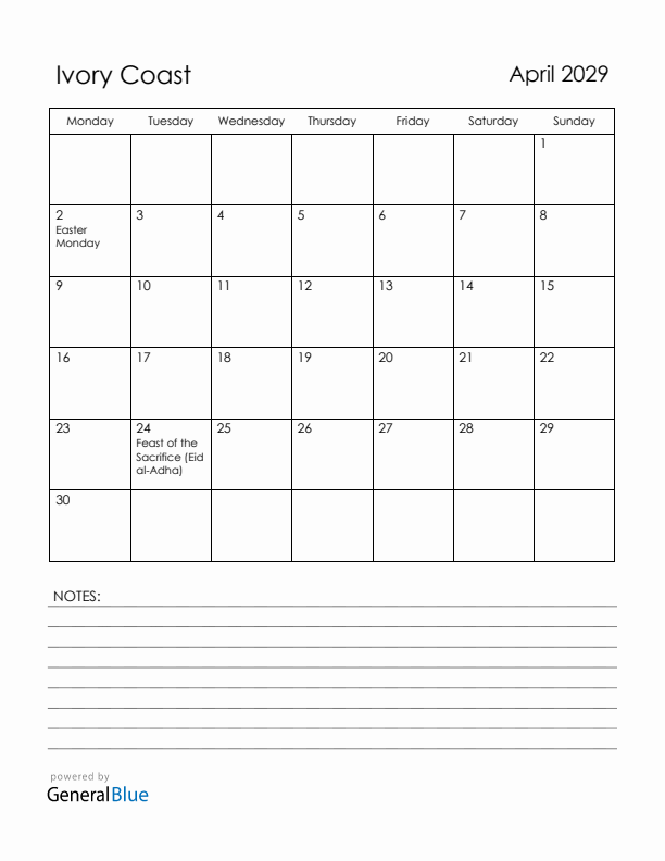 April 2029 Ivory Coast Calendar with Holidays (Monday Start)