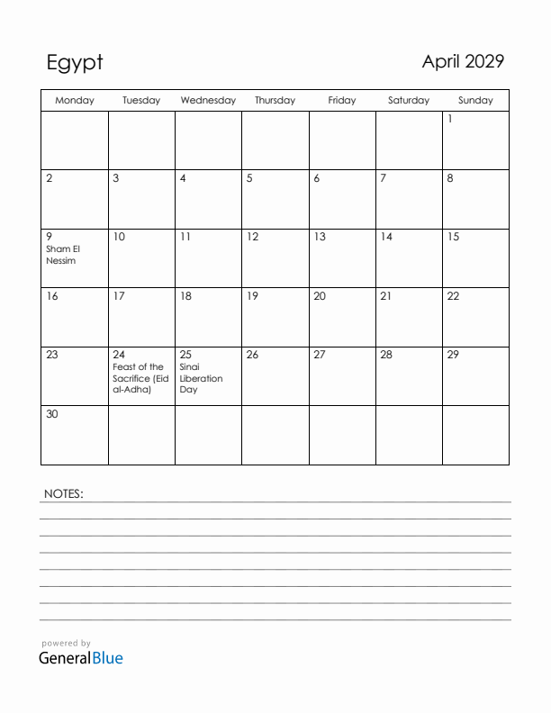 April 2029 Egypt Calendar with Holidays (Monday Start)