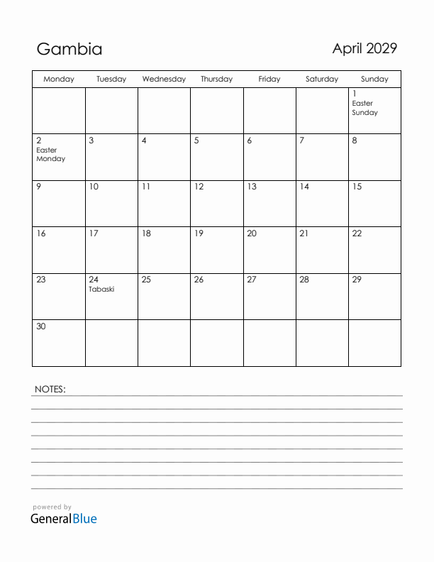 April 2029 Gambia Calendar with Holidays (Monday Start)