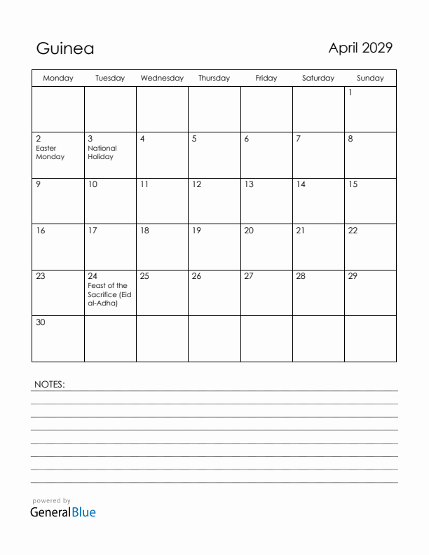 April 2029 Guinea Calendar with Holidays (Monday Start)