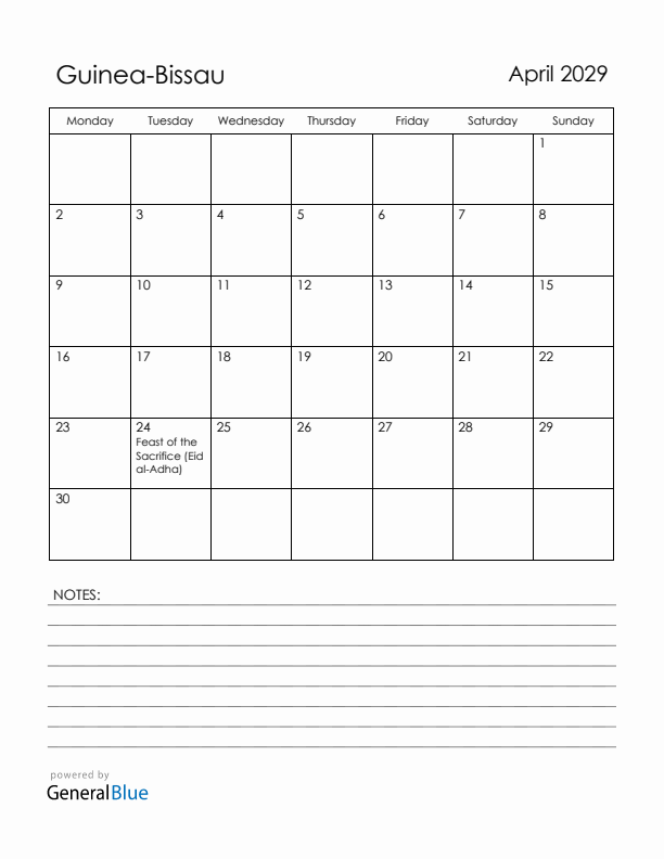 April 2029 Guinea-Bissau Calendar with Holidays (Monday Start)