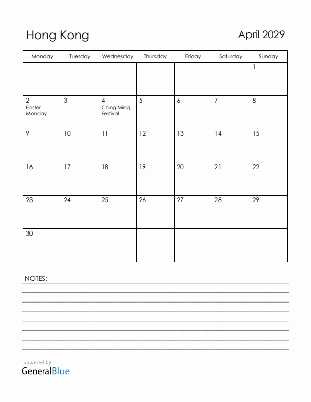 April 2029 Hong Kong Calendar with Holidays (Monday Start)
