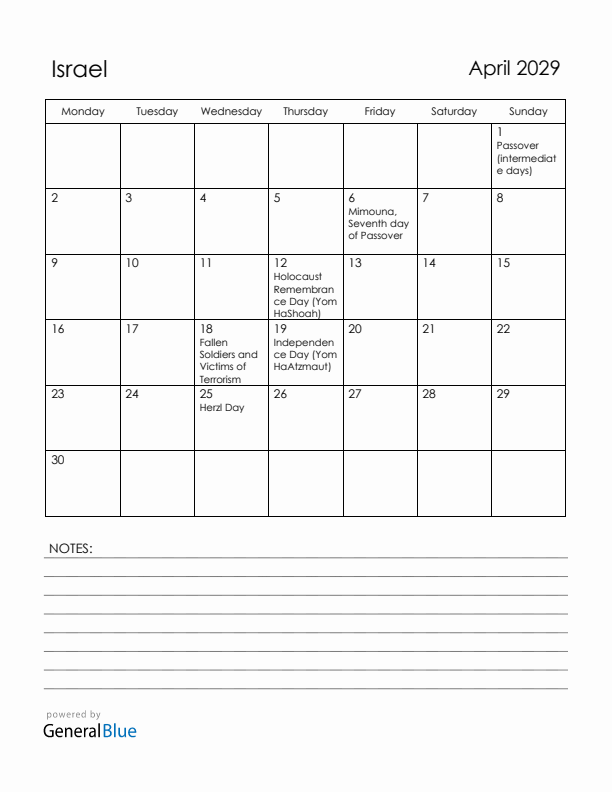 April 2029 Israel Calendar with Holidays (Monday Start)