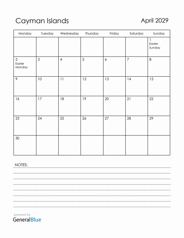 April 2029 Cayman Islands Calendar with Holidays (Monday Start)