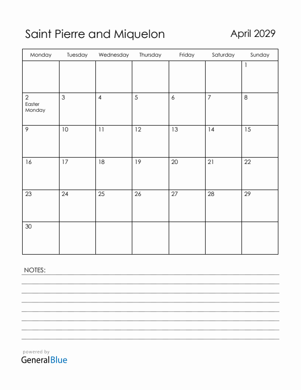 April 2029 Saint Pierre and Miquelon Calendar with Holidays (Monday Start)