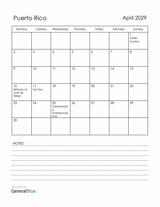 April 2029 Puerto Rico Calendar with Holidays (Monday Start)
