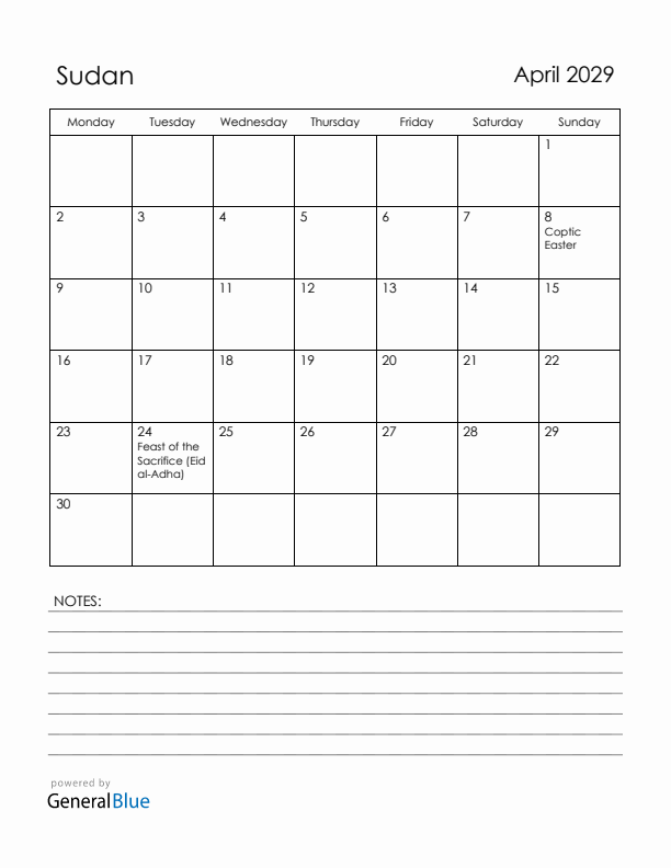 April 2029 Sudan Calendar with Holidays (Monday Start)